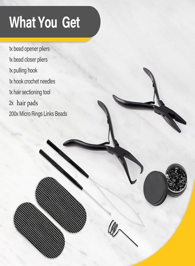 Gomake Microlinks Hair Extensions Kit, Hair Extension Closer and Removal Pliers, Micro Beads Pulling Hook & Microbead Loop Tool, Micro Links Silicone Rings Bead 200PCS(Black) - Image 2